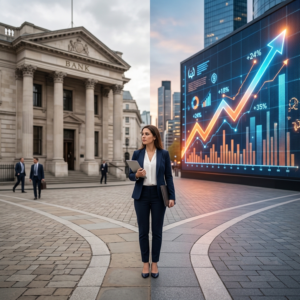Business owner comparing financing options at a crossroads between traditional banking and modern alternative lending