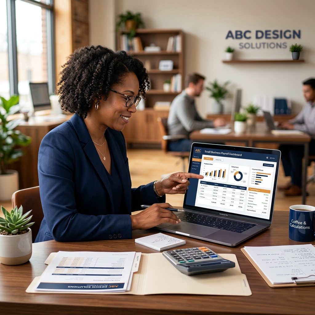 Small business owner managing payroll on a laptop dashboard in a modern office